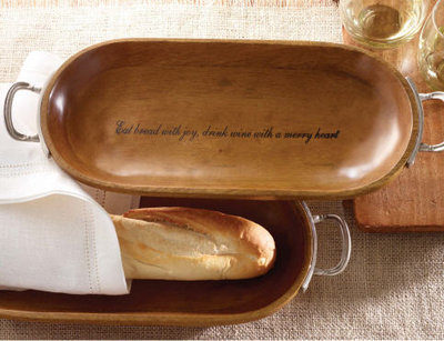 Wooden Bread Bowl with Pewter Silver Metal Handles
