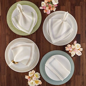 Bodrum Pearls Willow Green and White Linen Napkins - Set of 4