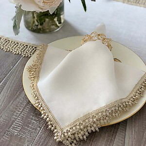 Bodrum Victoria Champagne Gold Lace Trim Linen Napkins - Set of 4