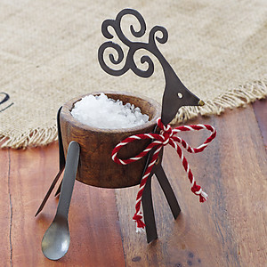 Carved Wood & Metal Deer Salt Cellar with Spoon