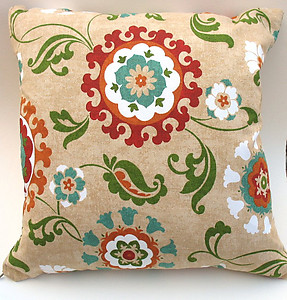 Floral Decorative Pillow. Gold, Turquoise, Red, Orange, Green