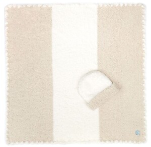 Kashwere Rugby Stripe Malt & Cream Baby Blanket with Cap