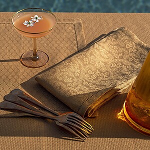 Le Jacquard Francais Portofino Fiori Brown Linen Placemats and Napkins