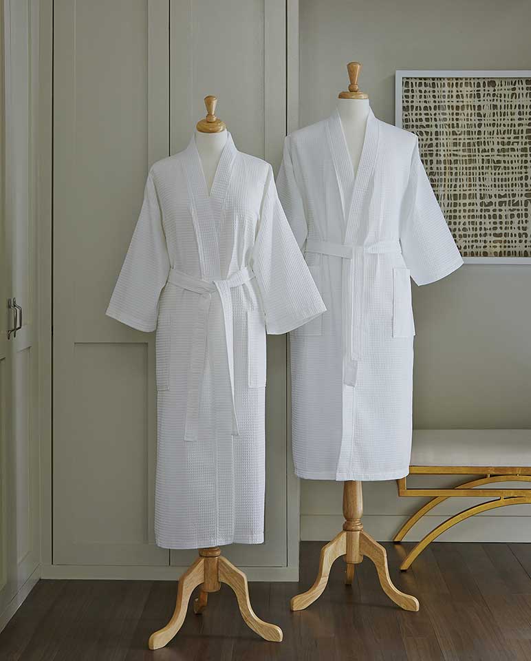 White Cotton Waffle Weave Robe. Sferra Edison Bath Robe