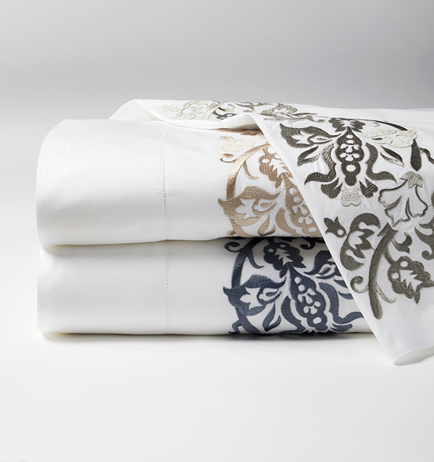Sferra Saxon embroidered percale sheets and bedding.