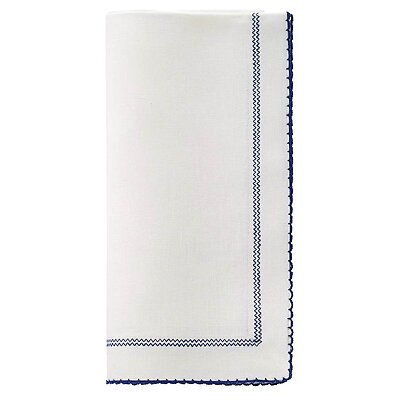 Bodrum Picot Off-White and Navy Blue Linen Napkins - Set of 4