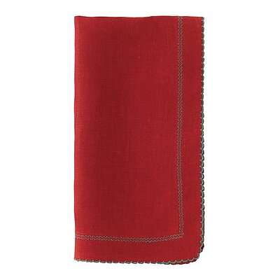 Bodrum Picot Red and Evergreen Linen Napkins - Set of 4
