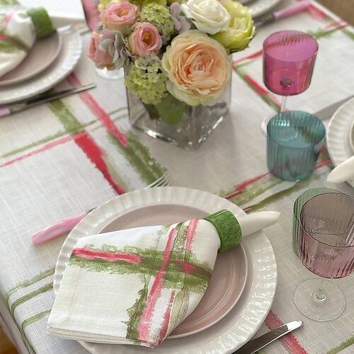 Bodrum Abstract Grid Pink and Green Table Linens