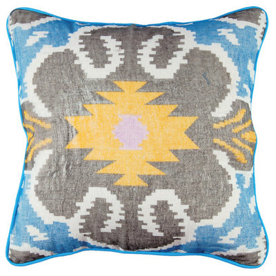 Ikat Pillow in Blue, Yellow, Grey