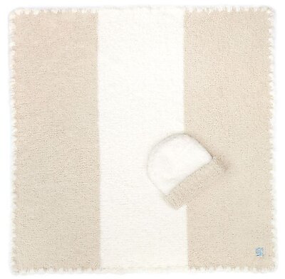 Kashwere Rugby Stripe Malt & Cream Baby Blanket with Cap