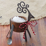 Carved Wood & Metal Deer Salt Cellar with Spoon